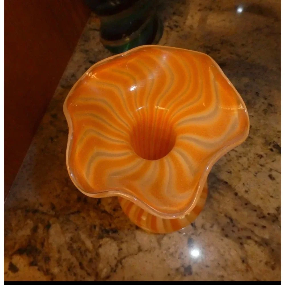 Vintage Orange White Striped Art Glass Vase Ruffled Jack in the Pulpit 9.5 Inch